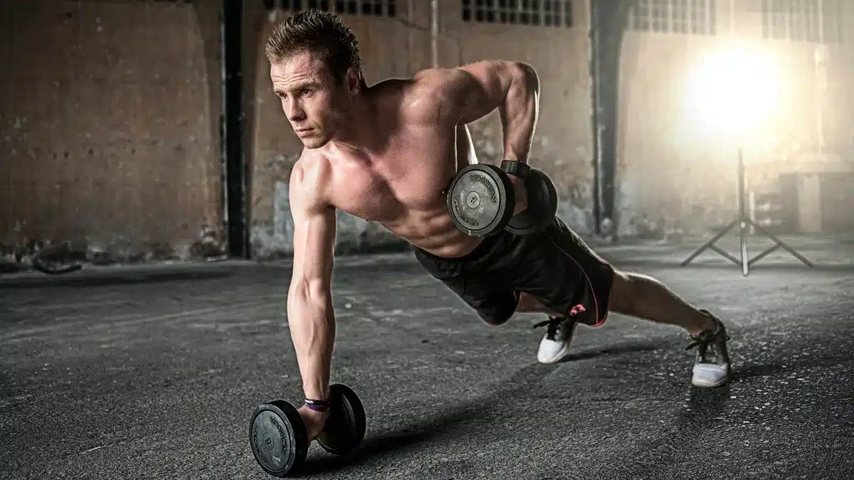 College hockey players training in a weight room