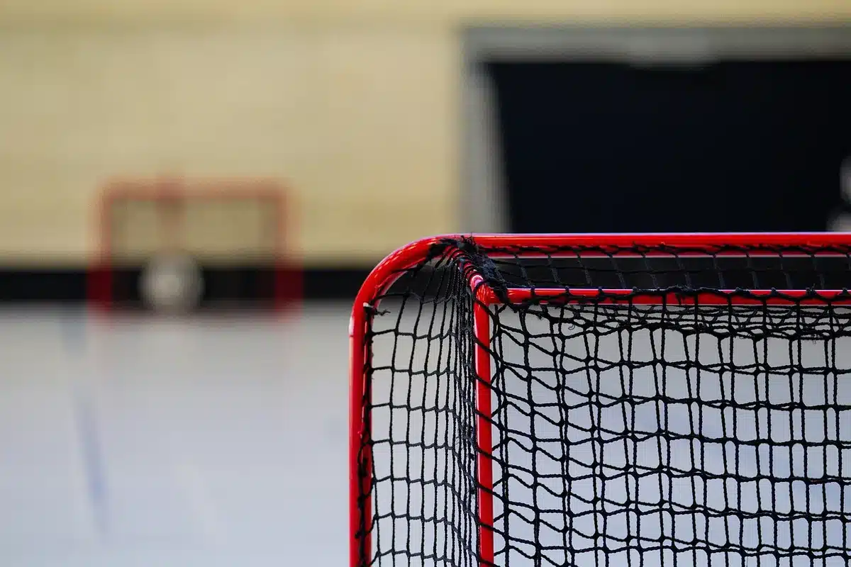 Anonymous predator-style mascot sprinting along hockey boards